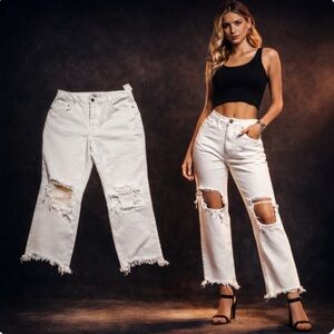 Free People Wide Leg Crop Ankle Fray Jeans White 30x27 High Rise Button Fly NWT